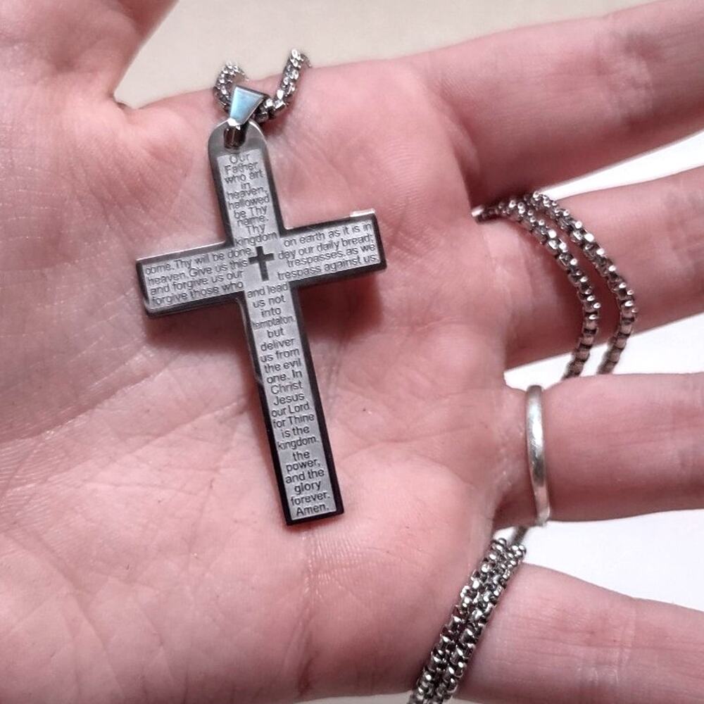 Silver Cross Necklace Lords Prayer Jesus Christianity Christmas Birthday Gift!